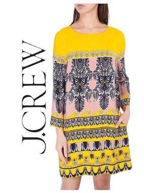 J. Crew Jules 100% Silk Medallion Paisley Sheath Dress Long Sleeves Yellow Navy